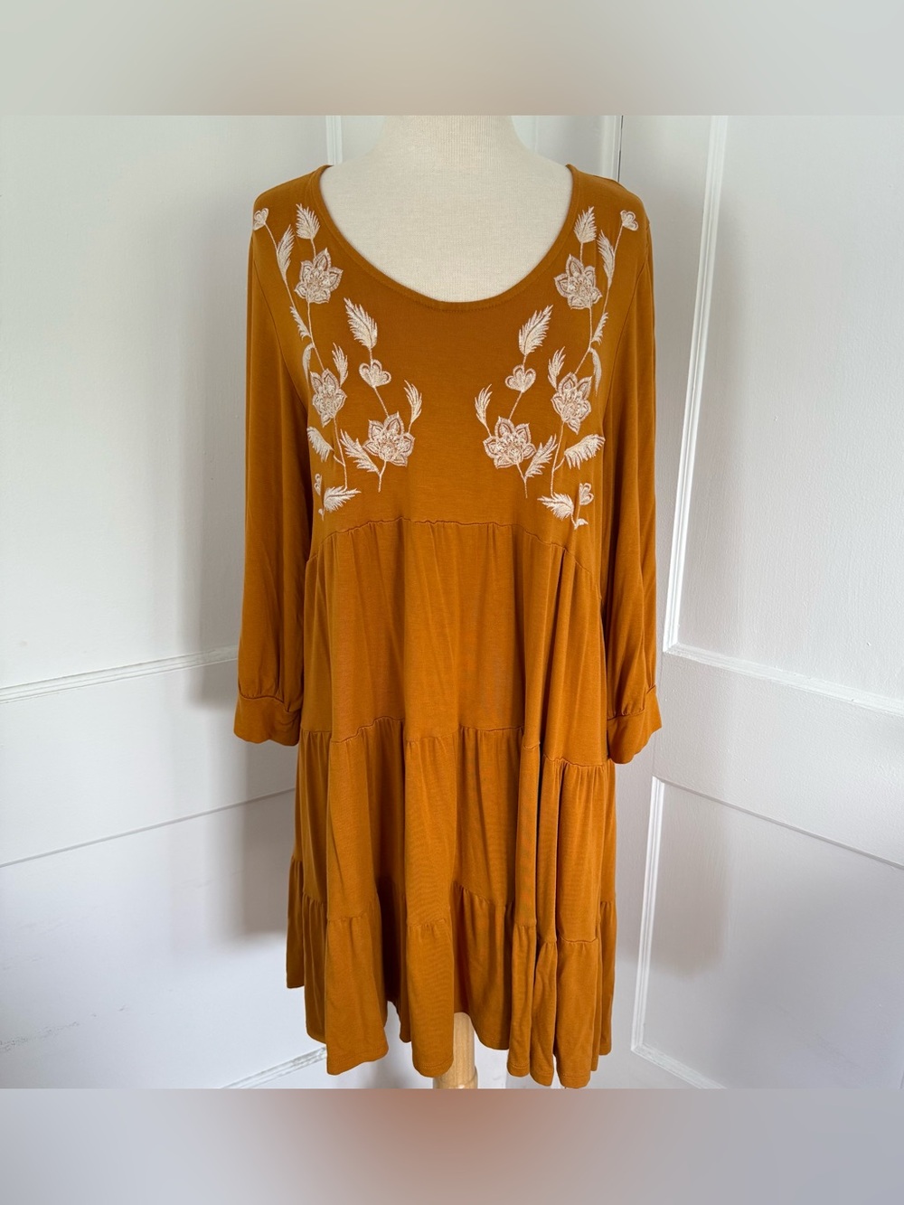 Cupio Embroidered Floral Tiered Tunic Dress Mustard Size XL